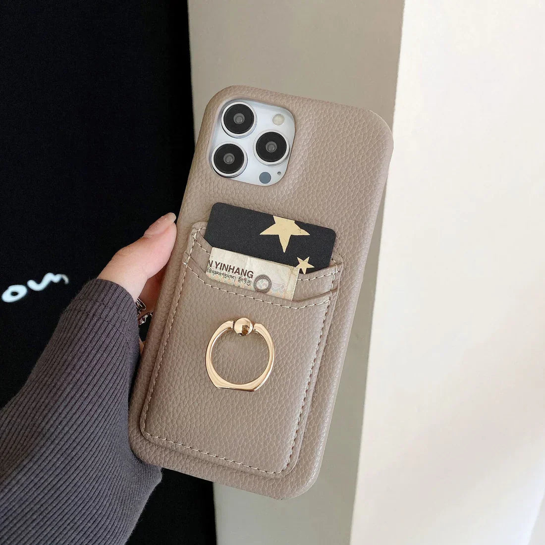 Black genuine leather ring holder phone case suitable for Apple phones