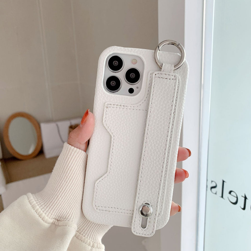 Leather phone case suitable for iPhone, with card slot and wrist strap protection