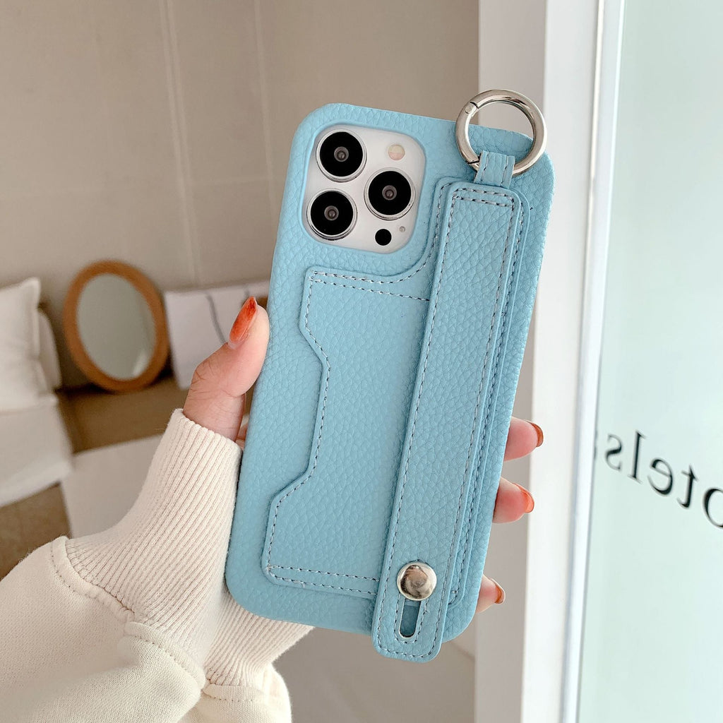 Stylish leather phone case, suitable for iPhone, with card slot and wrist strap protection